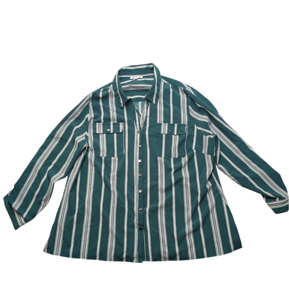 Notations Striped Button Down Blouse Womens 2X Green Roll Tab Pockets